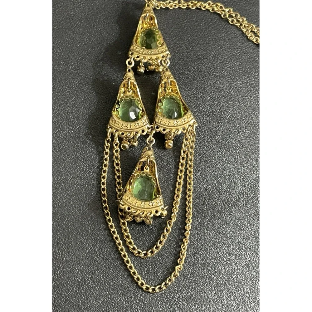 Vintage PARK LANE Necklace Rhinestone Green Gold Tone 22" Long Statement GLOW - Picture 4 of 16